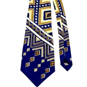 Hand Work Thai Silk Blue Gold GEO Men's  Neck Tie Made In Thailand L56" x W3.25"